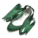 Women's Green Satin Ballet Flats with Long Ribbon Ties, Elegant and Comfortable Shoes for Weddings and Special Occasions