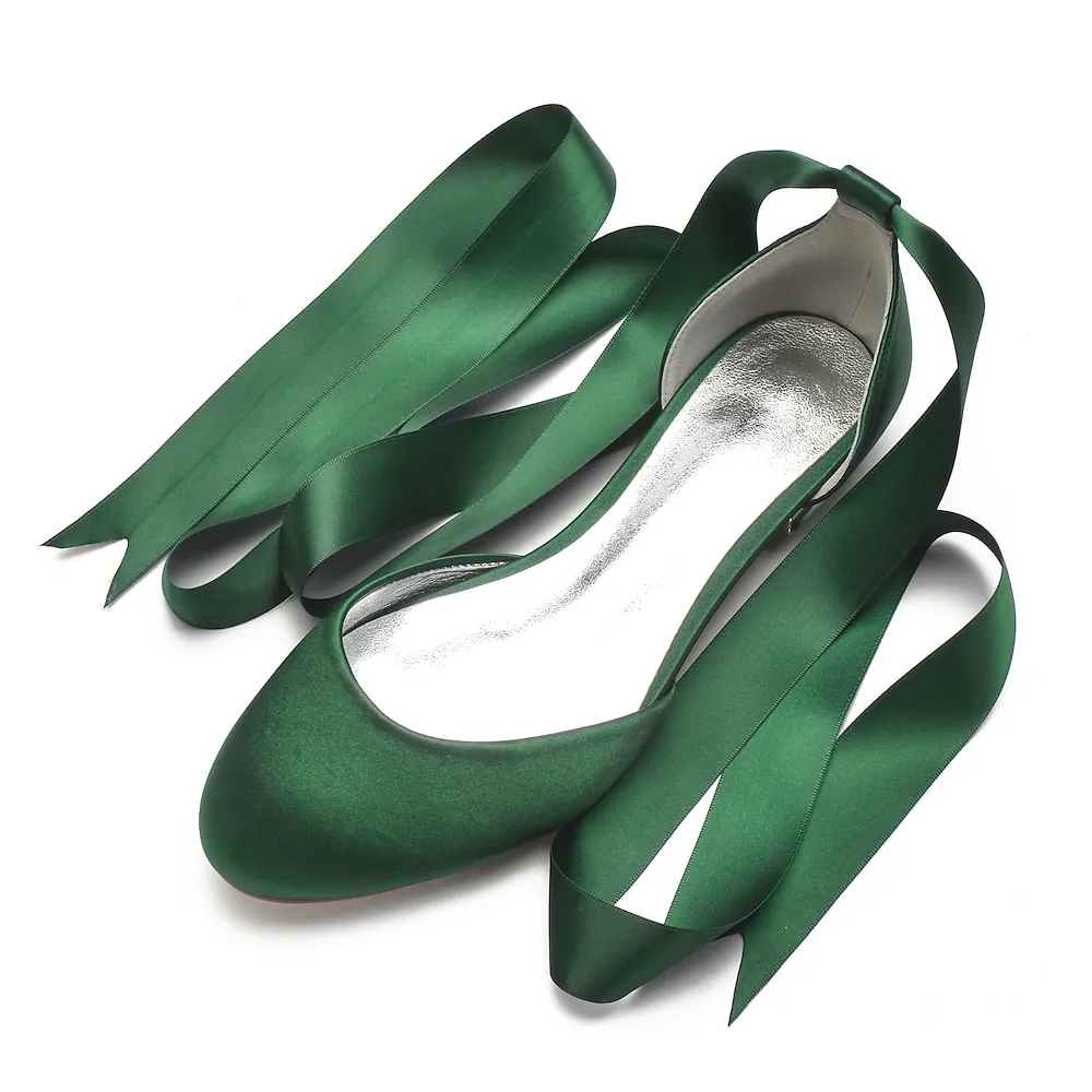 dfyruz1629427422950.webp Women's Green Satin Ballet Flats with Long Ribbon Ties, Elegant and Comfortable Shoes for Weddings and Special Occasions - Image 1