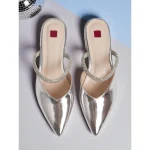 Women's Silver Metallic Pointed Toe Mules - Slip-On Low Heel Pumps with Rhinestone Strap for Cocktail Parties & Evening Events