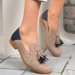 Women's Taupe Suede Tassel Loafers, Two - Tone Perforated Casual Flats for Everyday Comfort - Image 7