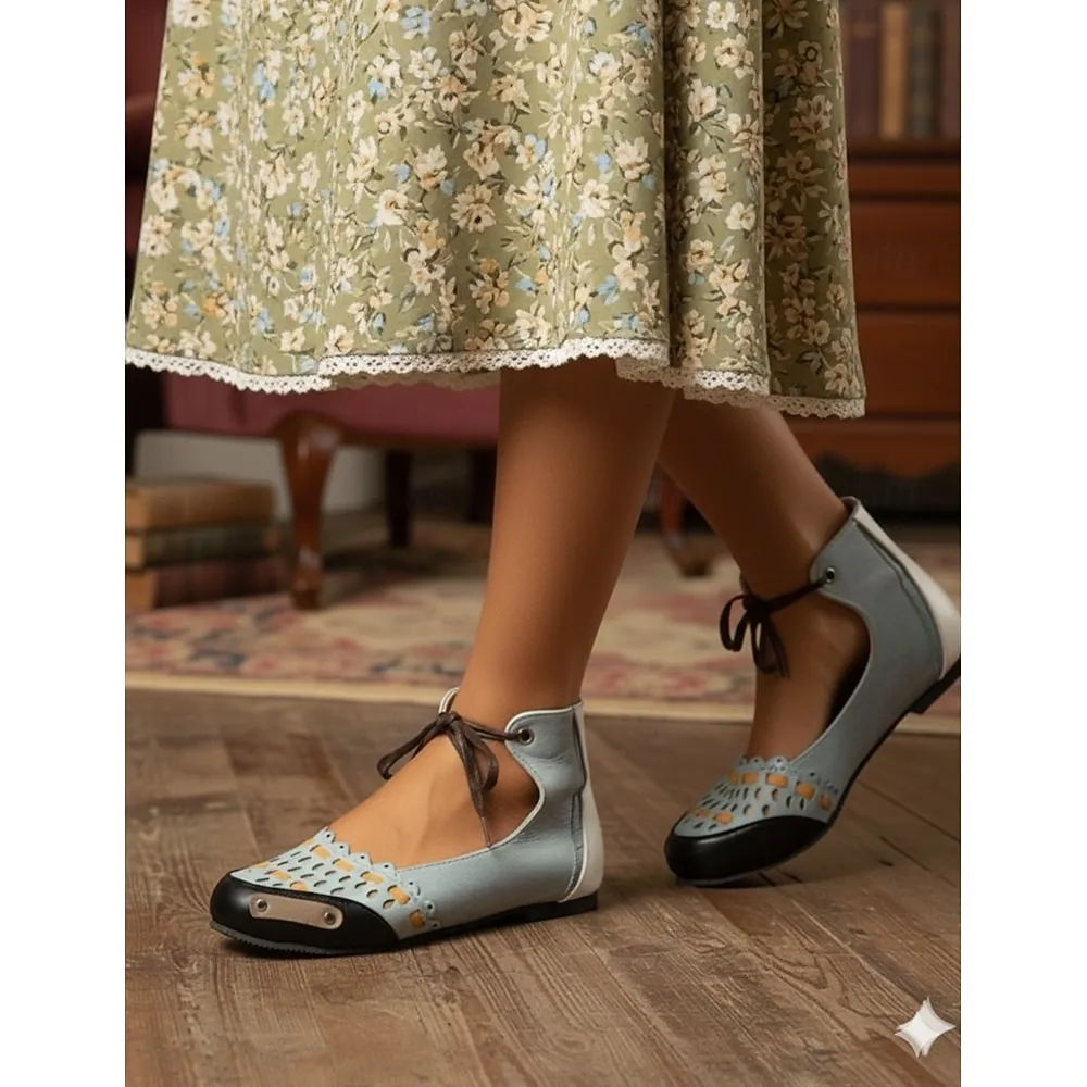 dxvnrx1758880122785.webp Women's Vintage Lace-Up Flat Shoes – Retro Hollow-Out Suede Casual Ballet Flats for Daily Wear - Image 1