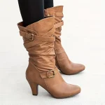 Women's Mid-Calf Slouch Boots with Buckle Straps and Block Heel, Stylish Casual Footwear for Fall and Winter Outfits - Image 5