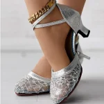 Women's Gold Silver Lace Ballroom Dance Shoes with Ankle Strap and Mid Heel for Latin and Salsa Dancing - Image 4