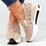 Women's Beige Lace Mesh Slip-On Platform Sneakers with Air Cushion Sole - Stylish and Comfortable Casual Shoes for Daily Wear - Image 3