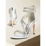 Women's White Rhinestone Strappy High Heel Sandals – Elegant Cocktail Party Wedding Shoes - Image 8