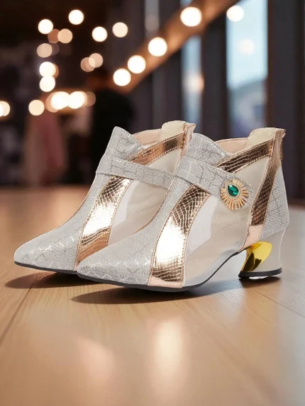 Women's Silver and Gold Mesh Ankle Boots with Emerald Detail - Glitter Party Shoes for Nightlife, Clubwear and Dance Events