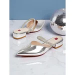 Women's Silver Metallic Pointed Toe Mules - Slip-On Low Heel Pumps with Rhinestone Strap for Cocktail Parties & Evening Events - Image 2