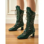 Women's Green Faux Patent Leather Sequin Lace-Up Mid-Calf Boots - Chunky Heel 1930s-Inspired Vintage Boots for Stage Performance,Gothic Parties and Holiday Events - Image 3