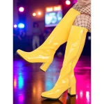 Women's Silver Patent Faux Leather Knee-High Boots with Block Heels, 1980s Retro Go-Go Style Fashion Boots for Parties, Dance Performances & Night Out - Image 3