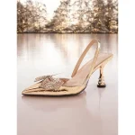 Women's Gold Quilted Slingback Heels with Bow Detail - Luxurious Pointed-Toe Design for Elegant Evening Wear - Image 2