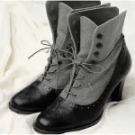 Women's Victorian Lace-Up Ankle Boots with Vintage Brogue Detailing – Faux Leather and Fabric High Heel Boots for Retro Fashion - Image 3