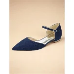 Women's Navy Blue Lace Flats with Ankle Strap and Pointed Toe - Elegant Wedding and Evening Shoes - Image 2