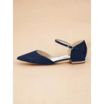 Women's Navy Blue Lace Flats with Ankle Strap and Pointed Toe - Elegant Wedding and Evening Shoes - Image 3