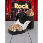 Women's Sequin Oxford Chunky Heel Shoes - 1980s Retro Lace-Up Platform Block Heel Party Pumps for Evening, Cocktail and Dance Wear - Image 2