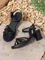 Black Strappy Low Block Heel Sandals with Knotted Detail – Casual & Elegant Summer Shoes for Women - Image 3