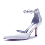 Women's Silver Satin Pointed-Toe Wedding Heels – Rhinestone Embellished Ankle Strap and Elegant Mid Heel - Image 6