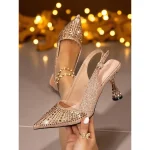 Women's Glitter Slingback Pumps - Pointed Toe Mid Heel Shoes with Rhinestone Detailing for Cocktail Parties & Evening Events - Image 2