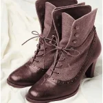 Women's Victorian Lace-Up Ankle Boots with Vintage Brogue Detailing – Faux Leather and Fabric High Heel Boots for Retro Fashion - Image 6