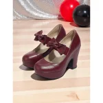 Women's Burgundy Mary Jane Platform Heels with Bows – 1950s Retro Chunky High Heel Shoes for Parties, Cosplay, and Vintage-Inspired Outfits - Image 6