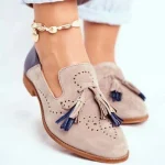 Women's Taupe Suede Tassel Loafers, Two - Tone Perforated Casual Flats for Everyday Comfort - Image 3