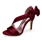 Women's Burgundy Satin High Heels – Elegant Open-Toe Cocktail Sandals with Crisscross Straps and Bow for Weddings and Parties - Image 6