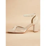 Champagne Satin Block Heel Ankle Strap Shoes with Rhinestone Detailing – Elegant Women's Wedding and Evening Heels - Image 2