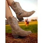 Women's Western Cowboy Boots with Embroidered Design and Buckle – Mid-Calf Chunky Heel Boots for Country Concerts, Horseback Riding and Fall Outfits - Image 2
