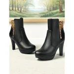 Women's Black High Heel Ankle Boots with Leopard Print Cuff and Side Zipper, Elegant Platform Booties for Parties, Nightclub & Casual Chic Outfits - Image 3