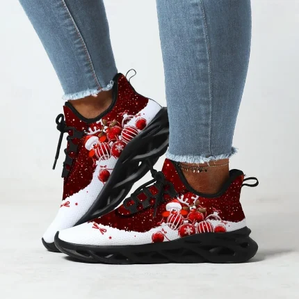 Women's Christmas-Themed Athletic Sneakers - Festive Red and White Design, Lightweight and Breathable, Perfect for Holiday Celebrations and Casual Wear