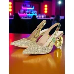 Women's Gold Glitter Slingback Pumps with Artistic Print and Sculpted Block Heels - Elegant Party Shoes for Nightlife and Clubwear - Image 4