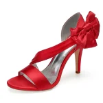 Women's Burgundy Satin High Heels – Elegant Open-Toe Cocktail Sandals with Crisscross Straps and Bow for Weddings and Parties - Image 5