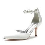 Women's Silver Satin Pointed-Toe Wedding Heels – Rhinestone Embellished Ankle Strap and Elegant Mid Heel - Image 2