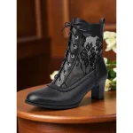 Women's Edwardian-Inspired Black Lace Ankle Boots - Vintage Mesh Mid Heel Lace-Up Victorian Booties for Gothic Fashion, Cosplay, and 1900s Themed Outfits