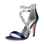 Women's Navy Satin Bridal Stiletto Heels with Rhinestone Embellishments - Elegant Wedding Shoes for Formal and Cocktail Occasions - Image 7