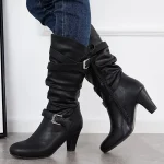 Women's Mid-Calf Slouch Boots with Buckle Straps and Block Heel, Stylish Casual Footwear for Fall and Winter Outfits - Image 4