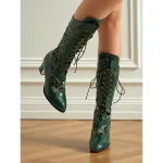 Women's Green Faux Patent Leather Sequin Lace-Up Mid-Calf Boots - Chunky Heel 1930s-Inspired Vintage Boots for Stage Performance,Gothic Parties and Holiday Events - Image 5