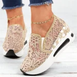 Women's Beige Lace Mesh Slip-On Platform Sneakers with Air Cushion Sole - Stylish and Comfortable Casual Shoes for Daily Wear - Image 2