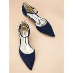Women's Navy Blue Lace Flats with Ankle Strap and Pointed Toe - Elegant Wedding and Evening Shoes - Image 4
