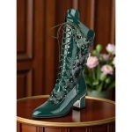 Women's Green Faux Patent Leather Sequin Lace-Up Mid-Calf Boots - Chunky Heel 1930s-Inspired Vintage Boots for Stage Performance,Gothic Parties and Holiday Events - Image 2