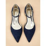 Women's Navy Blue Lace Flats with Ankle Strap and Pointed Toe - Elegant Wedding and Evening Shoes