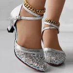 Women's Gold Silver Lace Ballroom Dance Shoes with Ankle Strap and Mid Heel for Latin and Salsa Dancing - Image 6