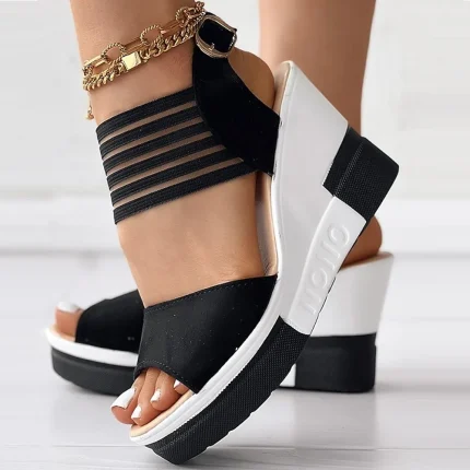 Women's Black Wedge Sandals with Strappy - Fashionable Summer Footwear for Casual and Evening Wear