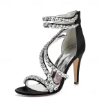 Women's White Rhinestone Strappy High Heel Sandals – Elegant Cocktail Party Wedding Shoes