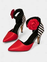 Women's 1950s-Inspired Striped Stiletto Heels with Red Rose Ankle Strap – Retro Pointed Toe Pumps for Parties, Performances & Date Nights - Image 4