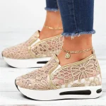 Women's Beige Lace Mesh Slip-On Platform Sneakers with Air Cushion Sole - Stylish and Comfortable Casual Shoes for Daily Wear - Image 4