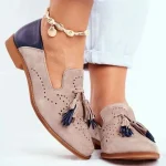 Women's Taupe Suede Tassel Loafers, Two - Tone Perforated Casual Flats for Everyday Comfort - Image 4