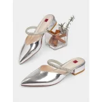 Women's Silver Metallic Pointed Toe Mules - Slip-On Low Heel Pumps with Rhinestone Strap for Cocktail Parties & Evening Events - Image 3