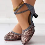Women's Gold Silver Lace Ballroom Dance Shoes with Ankle Strap and Mid Heel for Latin and Salsa Dancing - Image 7