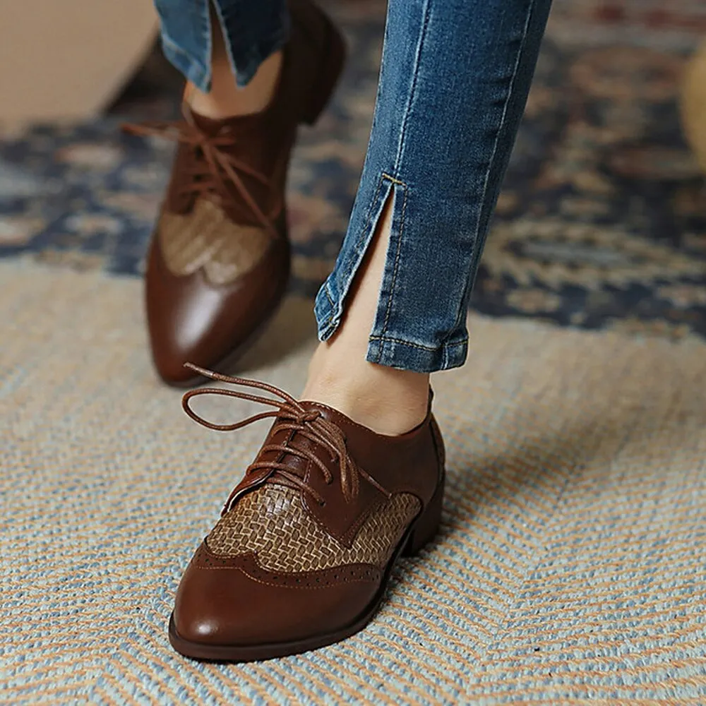 upcfat1672824980062.webp Women's Oxfords Brogue Plus Size Wingtip Shoes Outdoor Daily Solid Colored Low Heel Chunky Heel Pointed Toe Elegant Casual Minimalism PU Leather PU Lace-up Black Brown - Image 1