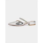Women's Silver Metallic Pointed Toe Mules - Slip-On Low Heel Pumps with Rhinestone Strap for Cocktail Parties & Evening Events - Image 4